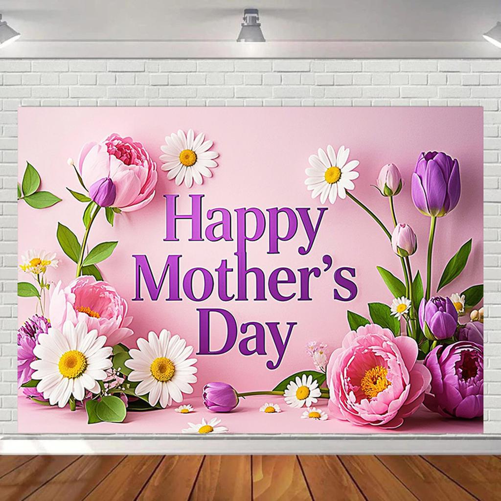 Happy Mother's Day Floral Party Banner,Backdrop with Text Decorative Elements for Home Wall and Photo Decor,Party Backdrop,Mothers Day Decor