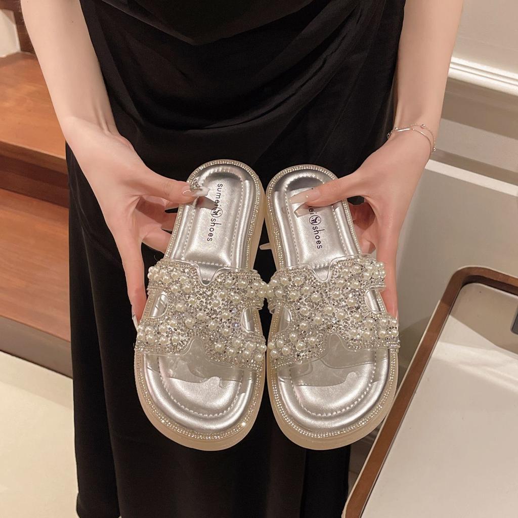 2025 New Thick-bottomed Pearl Slippers Outer Wear Female Summer Flat-bottomed Fashion with Skirt Fairy Beach One-word Sandals