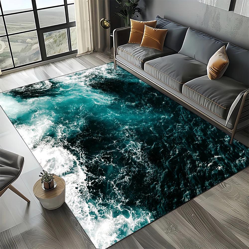 2025 New Style Blue Green Sea Wave Seawater Nature 3D Carpet Rug for Living Room Bedroom Home Sofa Decoration,Non-slip Floor Mat