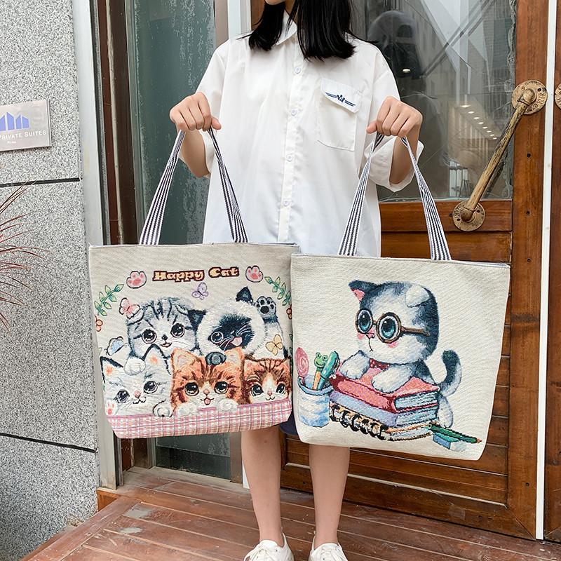Cat Canvas Tote Bag With Embroidery For Casual Travel And Shopping