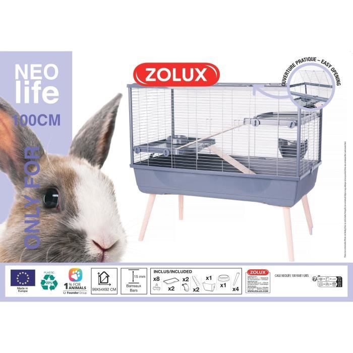 ZOLUX Cage Grillagée Lapin Et Rongeur Sur Pieds 2 Étages - L. 99 X L. 54 X H. 92 Cm - NeoLife - Zolux Gris