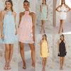 Dames Halter Nek Mouwloos Mini Jurkje Losse Pasvorm Elastische Taille Casual Geplooide Chiffon Jurk
