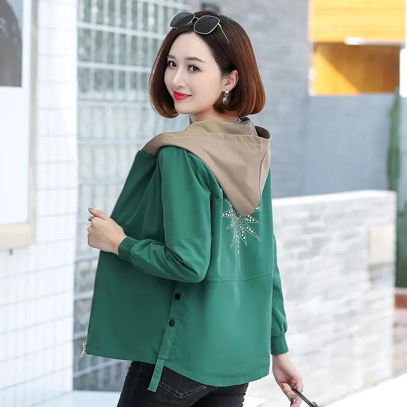 

Весенняя женская мода с принтом, двухслойная ветровка с капюшоном, повседневный укороченный топ S зелёный