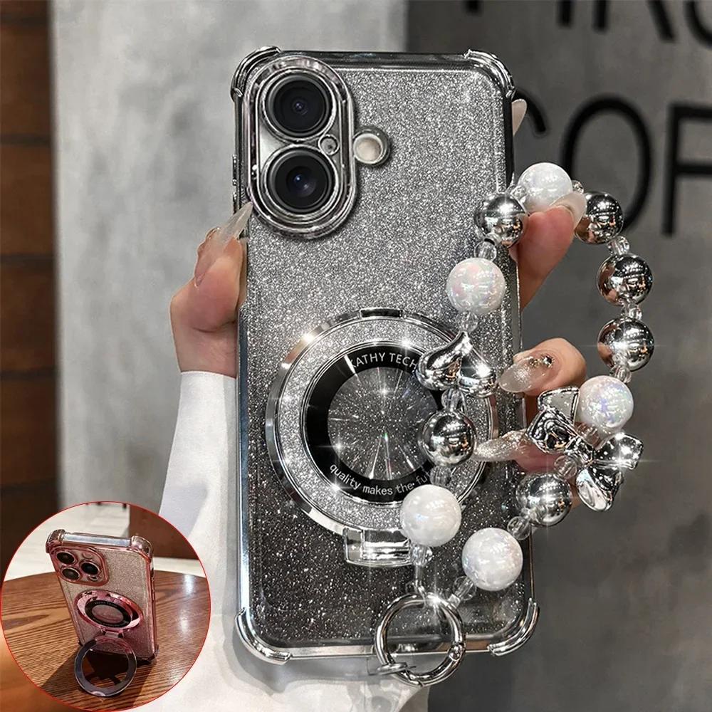 Shockproof Plating For Magsafe Bracket Bead Bracelet Case For Xiaomi Redmi Note 14 15 Pro Plus 15 15C 14C 14S 5G Glitter Cover