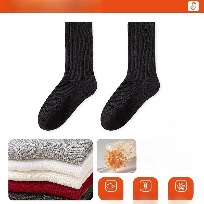 Female Spring and Autumn Pure Color Antibacterial Deodorant Double Needle Boneless Drum Pile Pile Cotton Socks