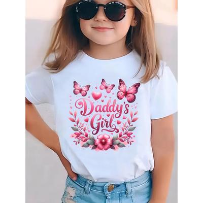 European Sizes Summer Fashion Short-Sleeve T-Shirt for Girls with a DADDY'S GIRL Print Featuring Hearts, Butterflies, And Flowers