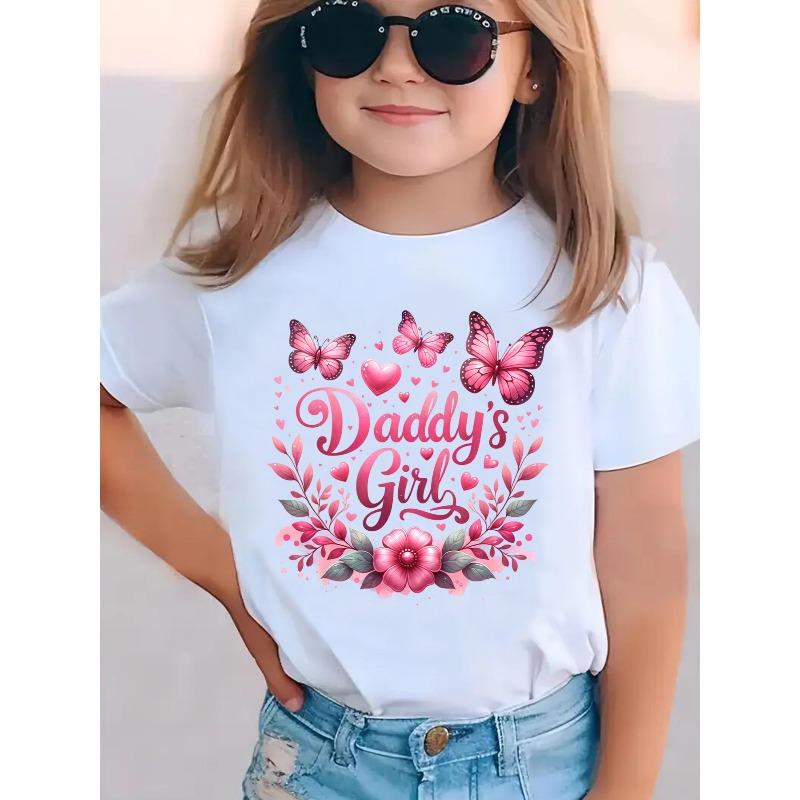 

European sizes Summer Fashion Short-Sleeve T-Shirt for Girls with a DADDY S GIRL Print Featuring Hearts, Butterflies, And Flowers 98cm белый