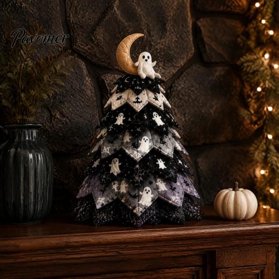 Halloween Theme Interior Decor Wooden Tree Ornament, 2D Flat Quilted Fabric Style Desktop Double Table Decorations Side Wood Sign for Home Party