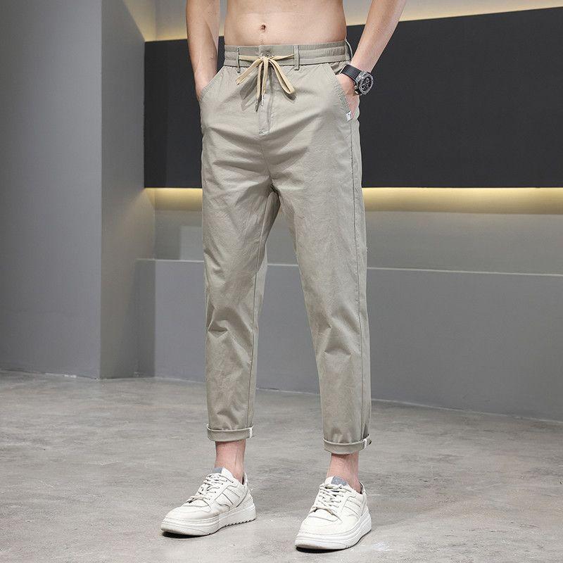 Of Foreign Trade Surplus: Summer Thin Pure Cotton Straight-Leg Trendy Casual Pants for Men, Breathable Versatile Drawstring Cropped Dress Pants
