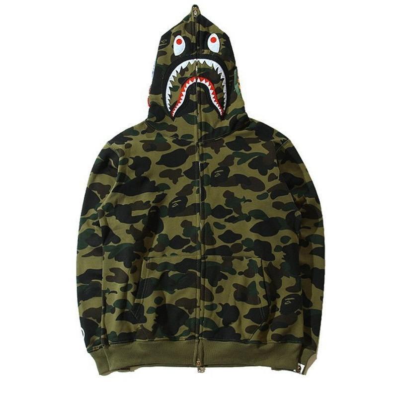 Populær Ape Bape Herre Haikje Kamuflasje Full Glidelås Hettegenser Joggebukse Jakke Kåpe