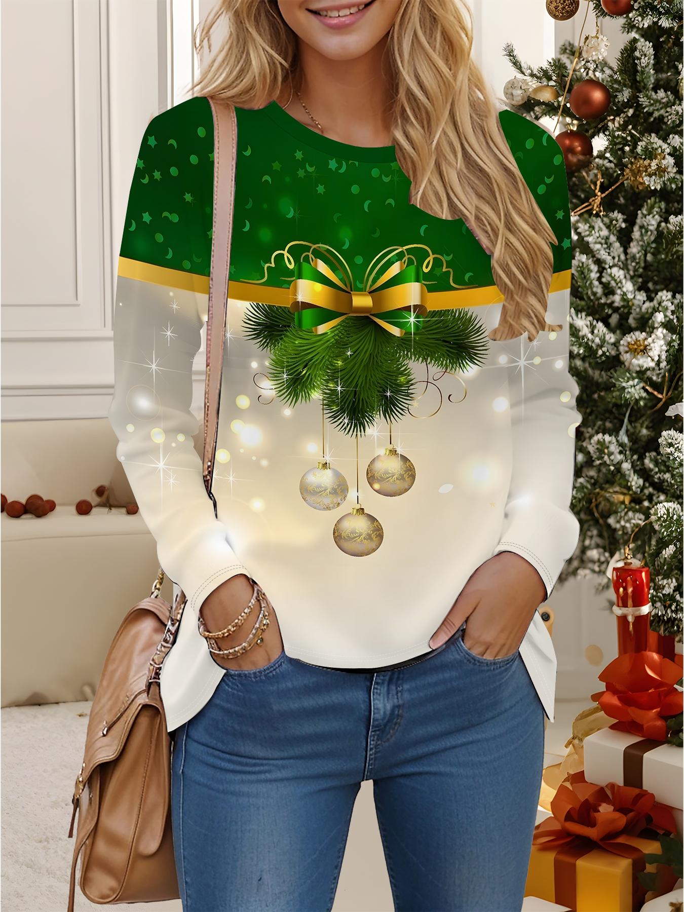 

Tops for Women 3D Christmas Print Round Neck Long Sleeve T-shirt Fall Casual Slim Pullover Women s Long Sleeve Top XXL