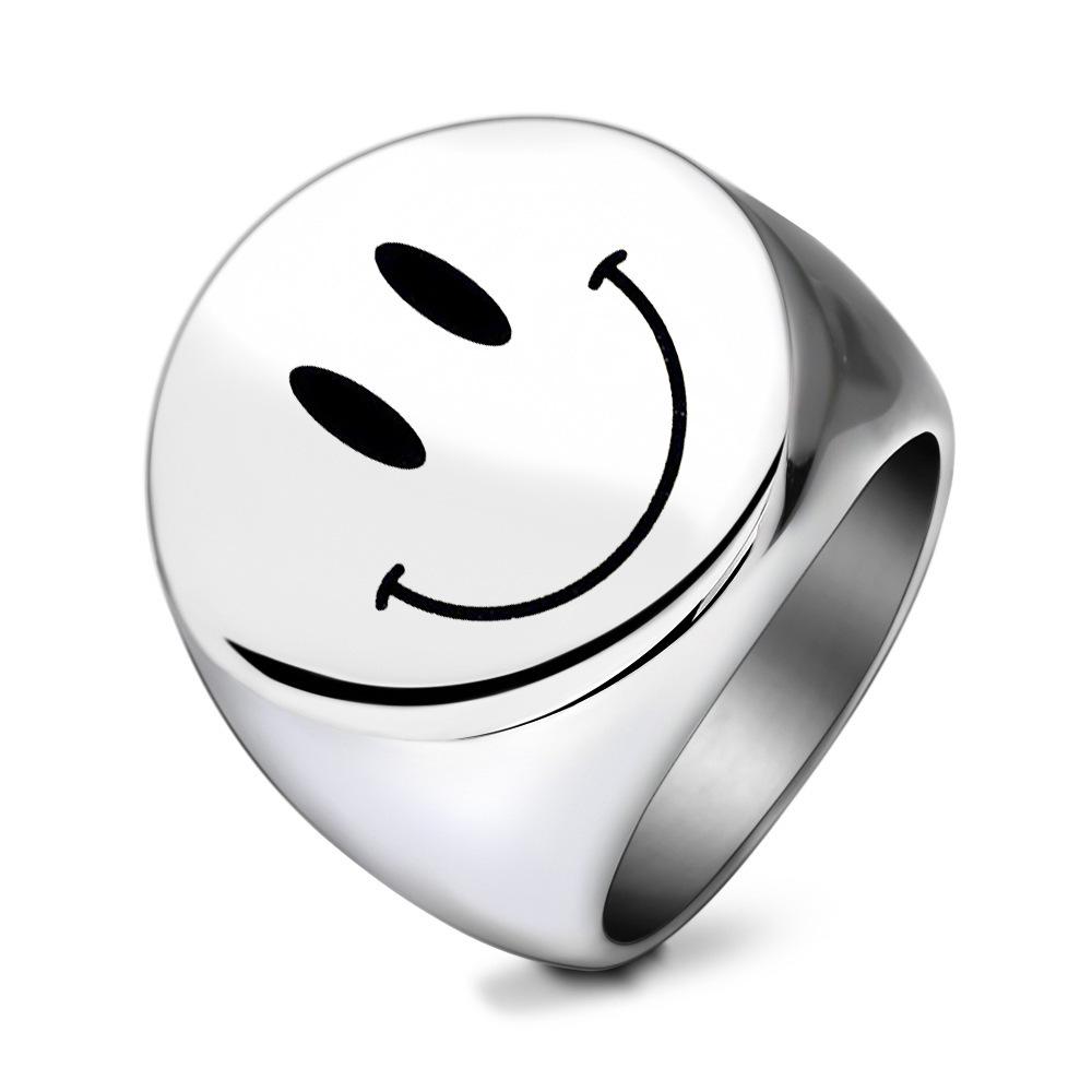 Round Smiley Face Fashion Ring - 22MM Laser Engraved Stainless Steel Size 11