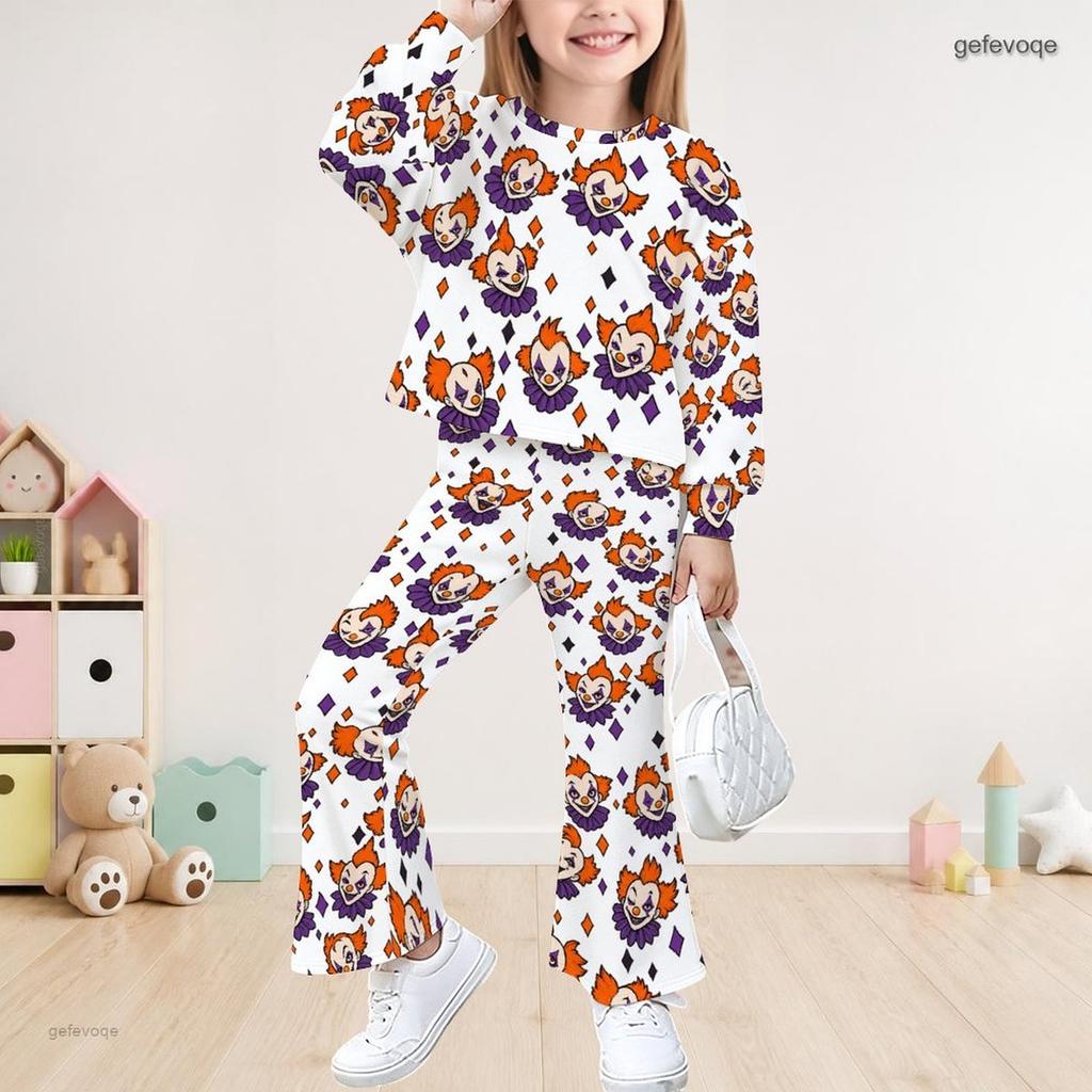 Dívčí bílý top s dlouhým rukávem a potiskem strašáka a zvonové kalhoty, neformální dvoudílný outfit