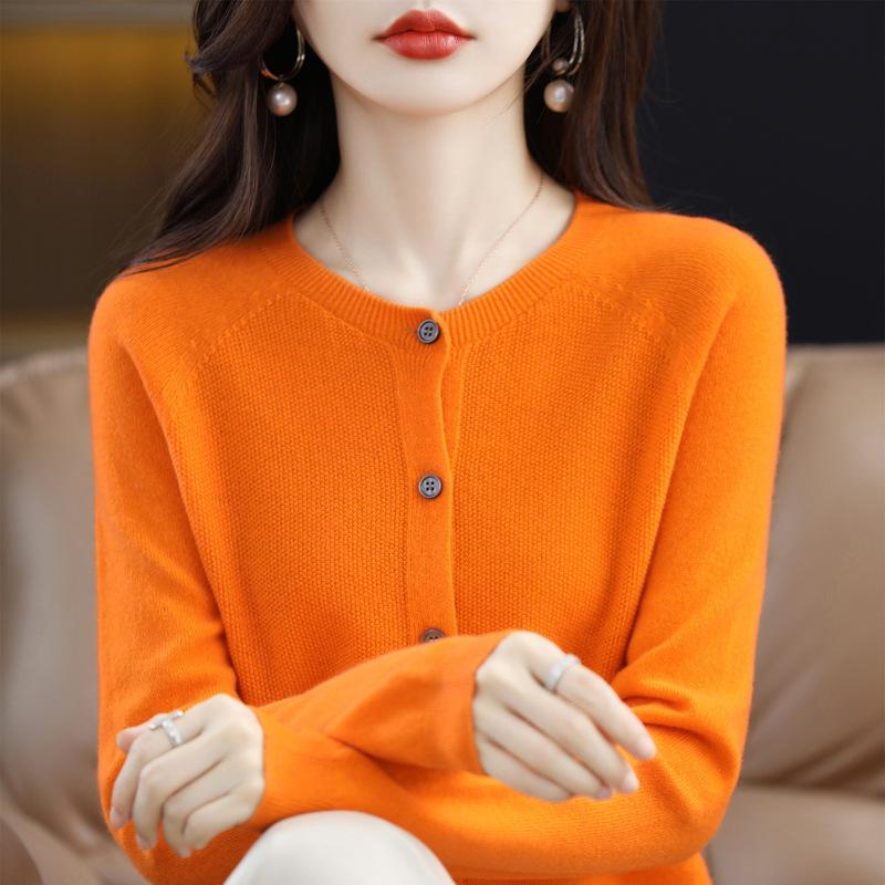 First-line Ready-to-wear Round Neck Womens Wool Cardigan Spring and Autumn Latest Simple Slim Sweater Knitted Sweater Jacket Top