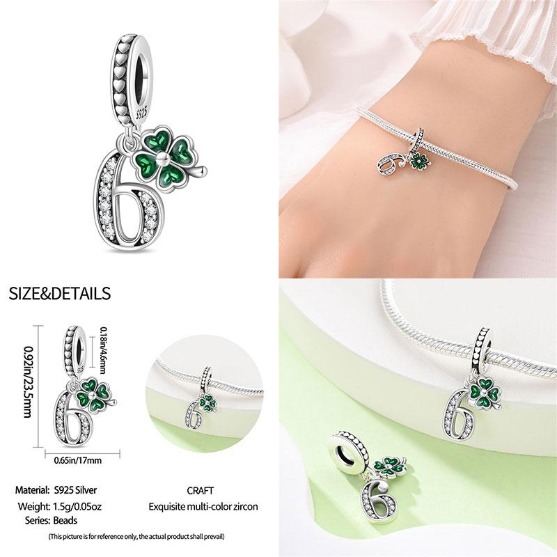 100% 925 Silver Green Zircon Lucky Number Pendant Suitable for Original 925 Women Bracelet DIY Jewelry Making Gift
