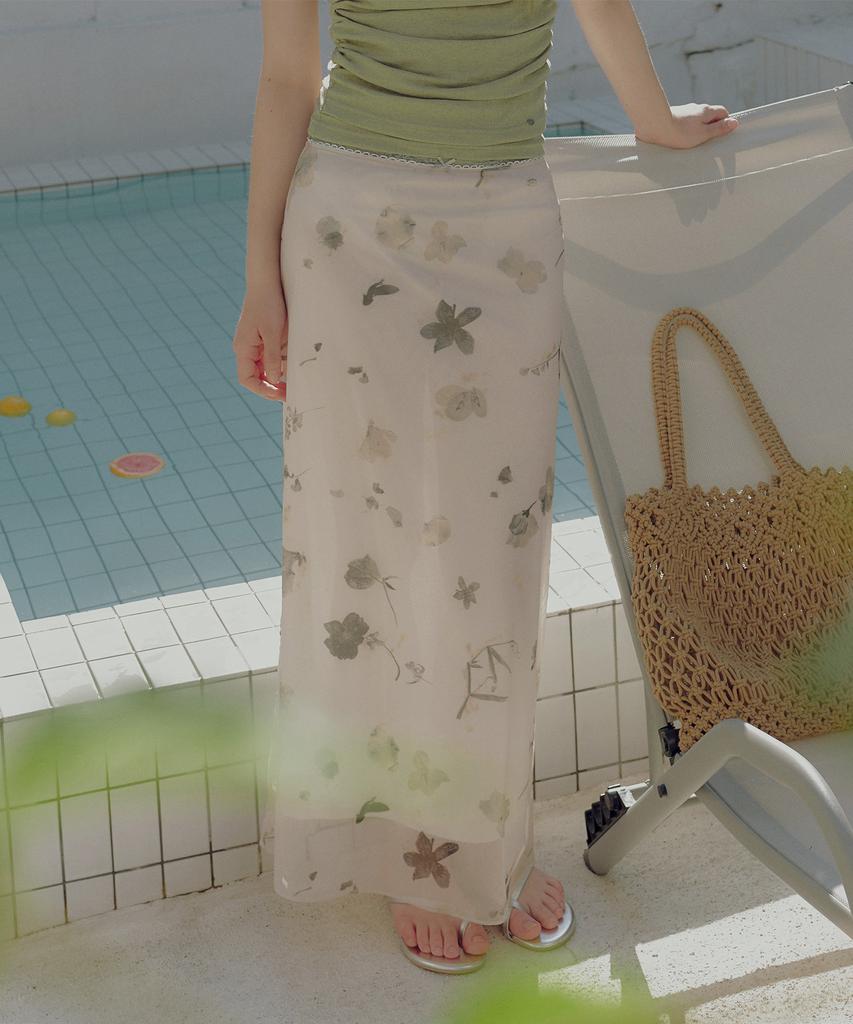 Teuwi Port Flower Mesh Banding Long Skirt