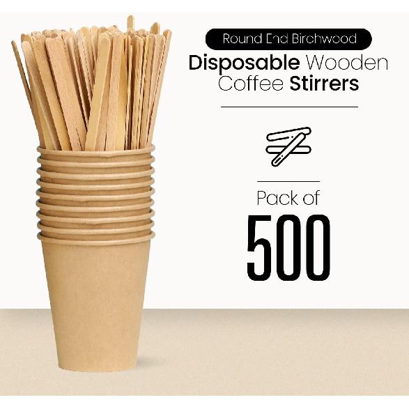 Coffee Stirrers Disposable Wooden Coffee Stir Sticks - Round-End Birchwood 5.5 Inches Large Wooden Stir Sticks - Pack of 500 Wood Stir Sticks, Coffee