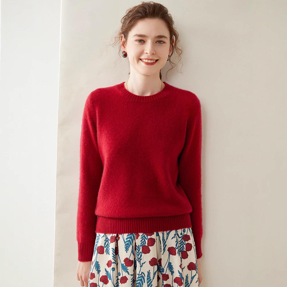 Women's Cashmere Knit Round Neck Long Sleeve Base Layer Sweater - Versatile, Thick, Loose Fit, Autumn/Winter Style