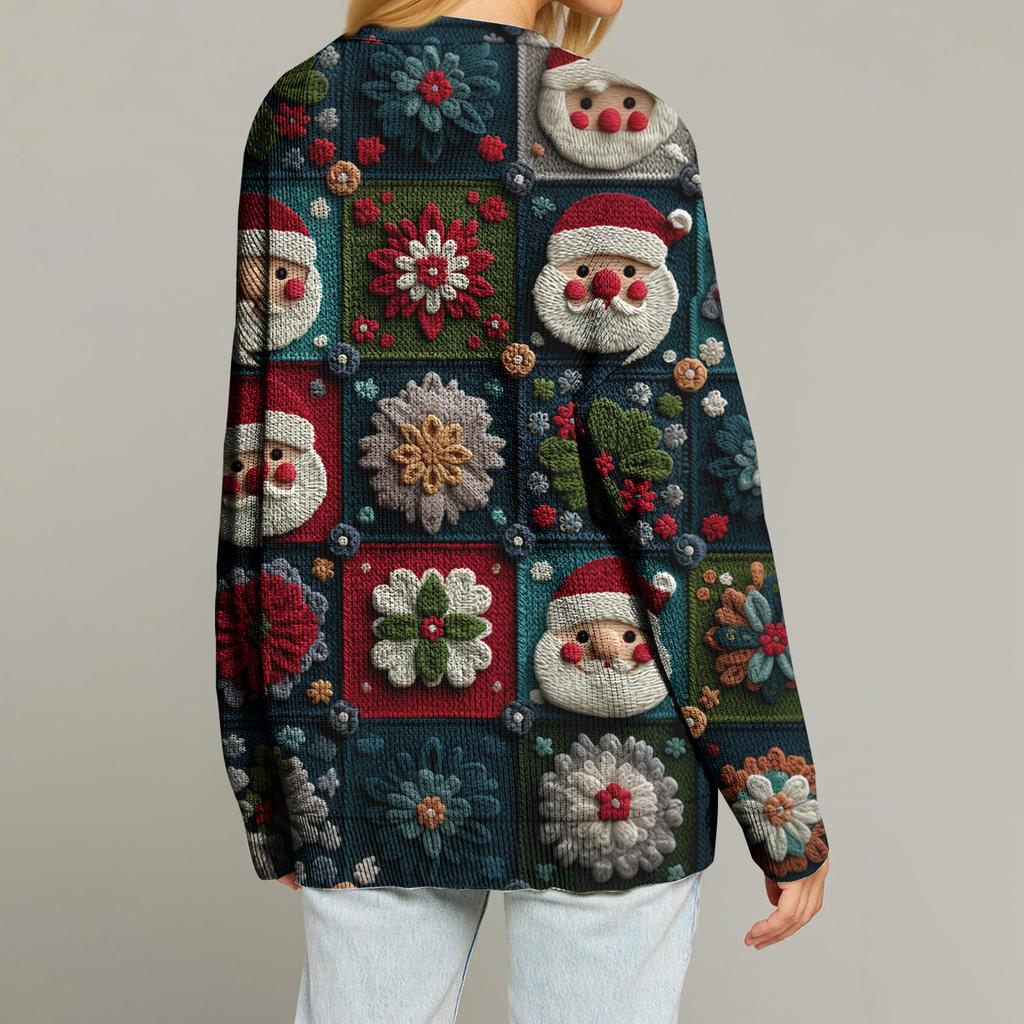 Women's Fashion Long Sleeve Print V-Neck Button Loose Cardigan Top