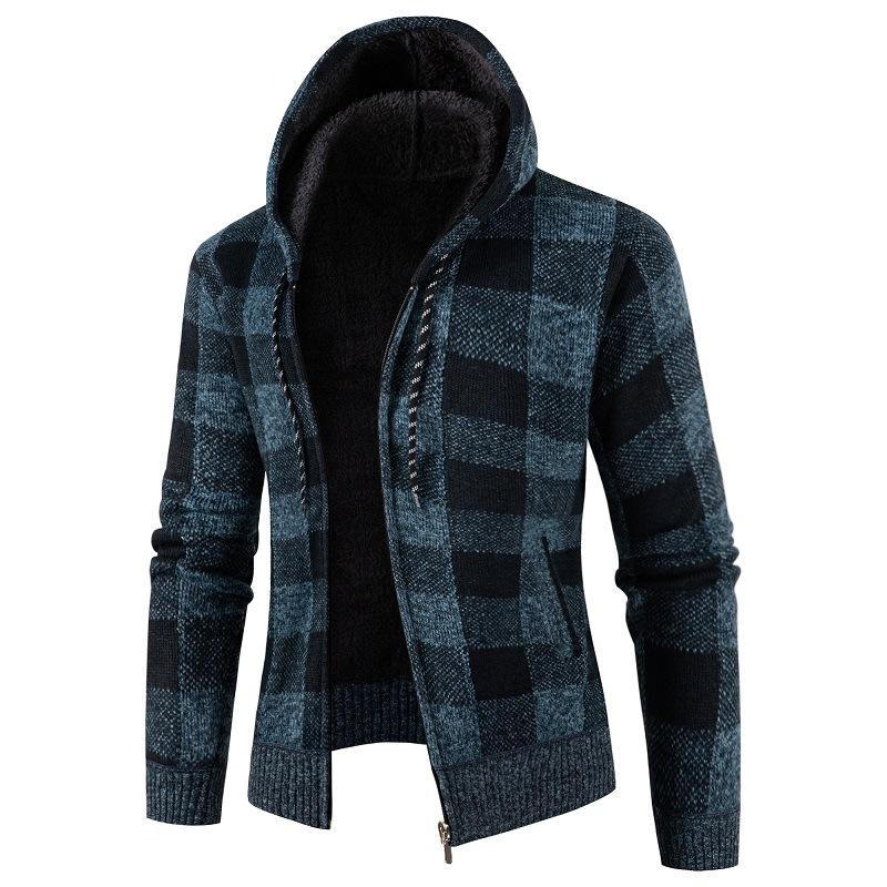 Winter Men'S Fleece Thickened Hooded Padded Jacket Men'S Zipper Padded Jacket Loose Plaid Jacket