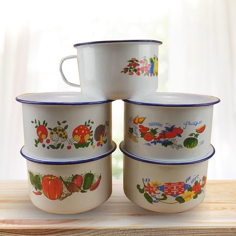 

Ретро эмалированная кружка и миска для лапши с крышкой Shangqi с цветочным узором