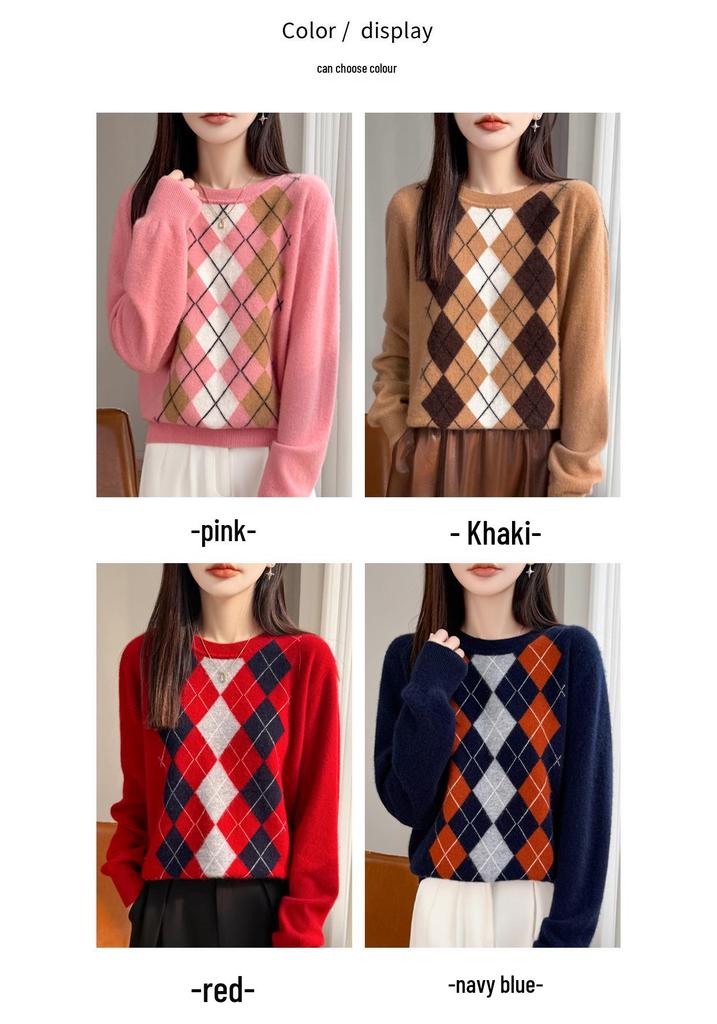Vintage Argyle Wool Knit Sweater for Women - Slimming, Warm, Anti-Aging, Long Sleeve, Round Neck