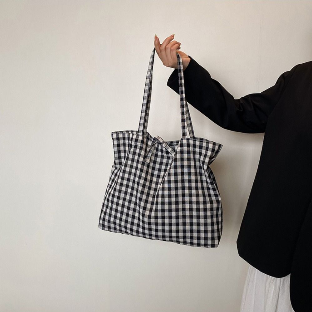 Ins Style Polyester Plaid Tote Bags Large Capacity Bow Tie Design Bow Shoulder Bag Lightweight Shopping Bag Casual Use