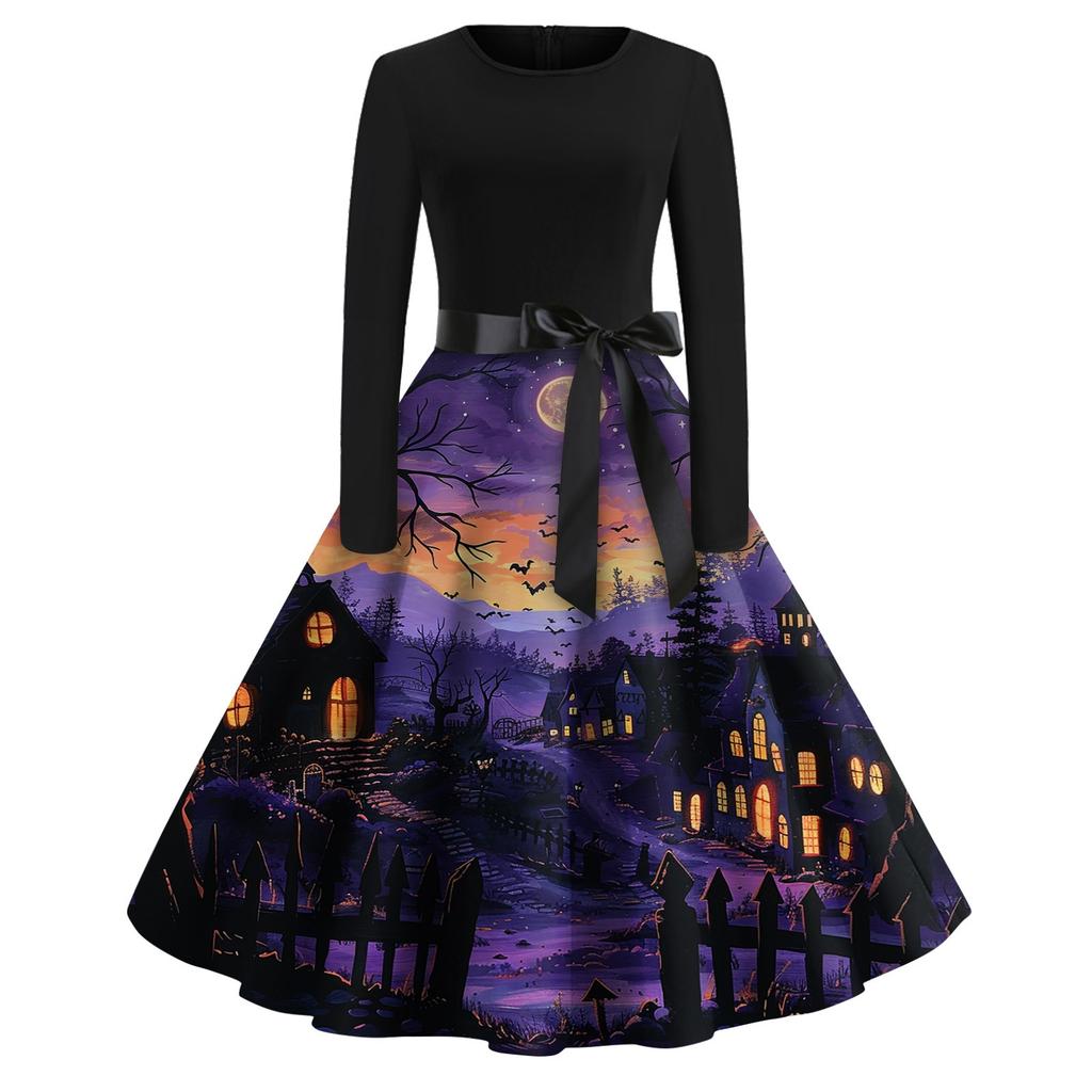 Dámské módní šaty s V-výstřihem, ležérního střihu, slim fit, s halloweenským potiskem, s dlouhým rukávem