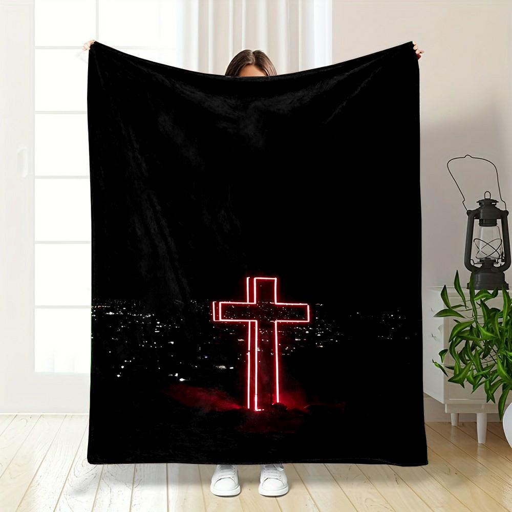 Glowing Red Neon Cross at Night Patterned flannel blanket perfect for the bedroom living room, sofa, or a little nap