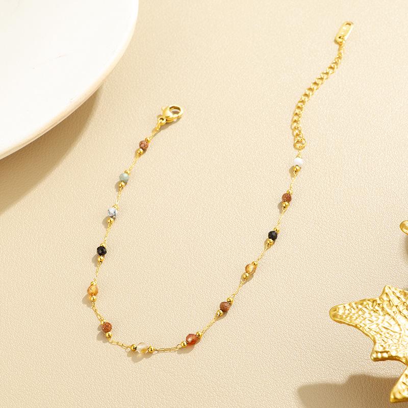 Delicate Titanium Steel Clavicle Chain with Natural Colorful Stone and Retro Gold Plating - Versatile Dopamine Anklet/Bracelet