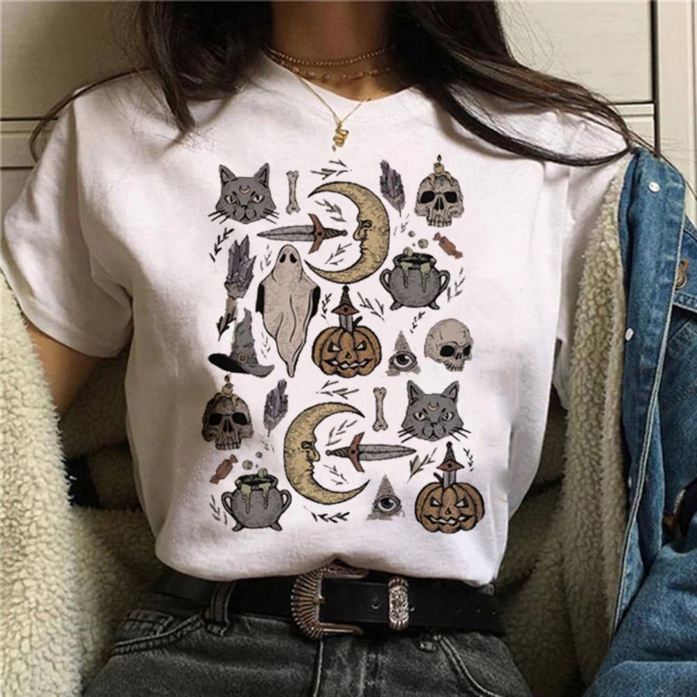 Halloween Witch Cartoon Print Tshirt Gothicstyle Cat Women Casual Loose Tee Magic Tshirt Daily Streetwear Harajuku Graphic Top S
