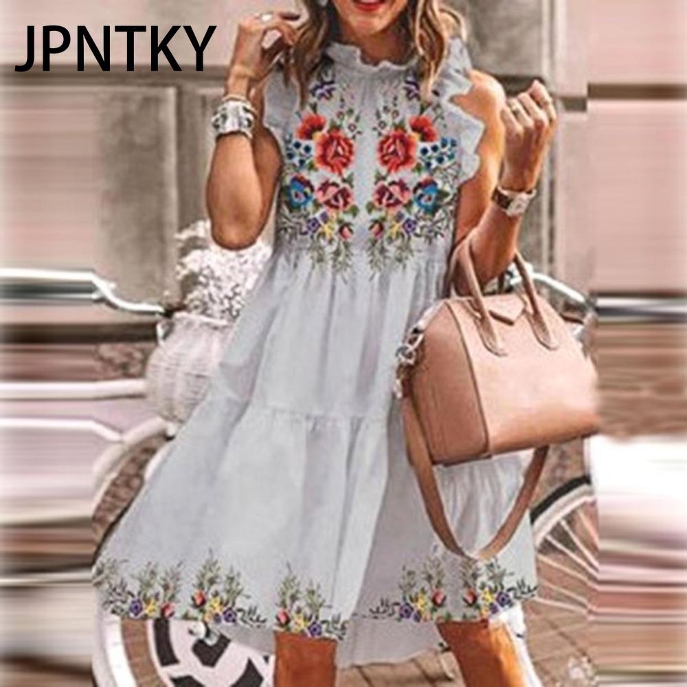 

JPNTKY Женское платье с цветочным принтом, свободное, уличный стиль, до колена, без рукавов, с оборками, для вечеринки, S-3XL XXXXXL