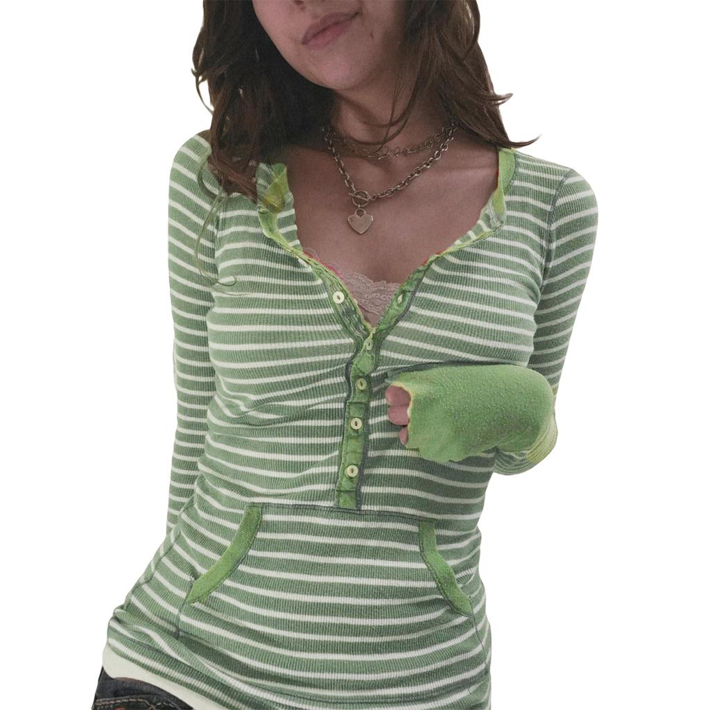 Women Long Sleeve Knit Tops Casual Striped 3/4 Button Pullover Shirt with Pockets for Club Streetwear