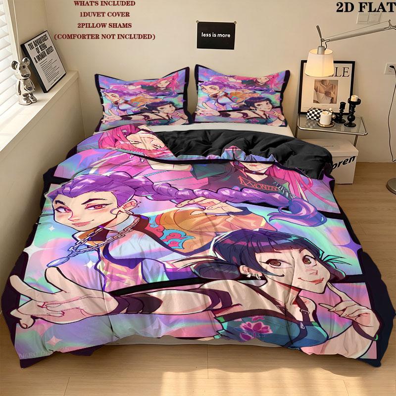 Kpop Dämonenjäger Muster Bettwäsche Steppdecke Set Bettbezug Kissenbezug Zuhause Geburtstagsgeschenk(1 Bettbezug + 2 Kissenbezüge, ohne Füllung)