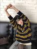 Women's Retro Stripe Pure Wool Polo Collar Sweater - Color Block Design, Lazy Style Knit Pullover