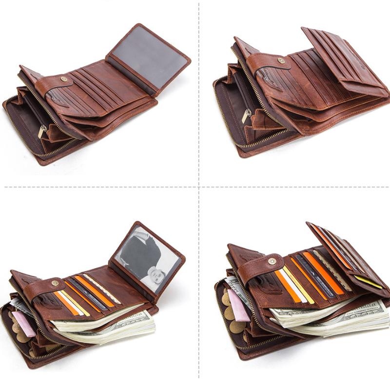 Johnature Portamonete da uomo con pochette multifunzione in pelle Crazy Horse vintage con cerniera solida e Hasp