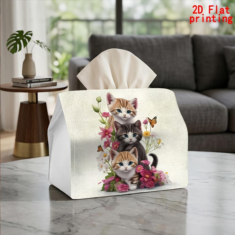 2D Flat 1pc, Tissue Box. Three Kittens, Flower And Butterfly Pattern Napkin Tissue Box, Reusable, Daily Desktop Tissue Storage Box, Suitable for Kitch