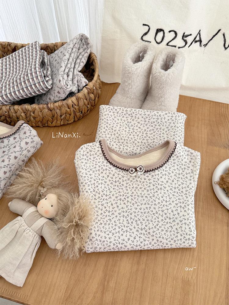 Girls' 2025 Winter Pajama Set: Korean-Style Floral, Fleece-Lined, Comfortable Home Wear