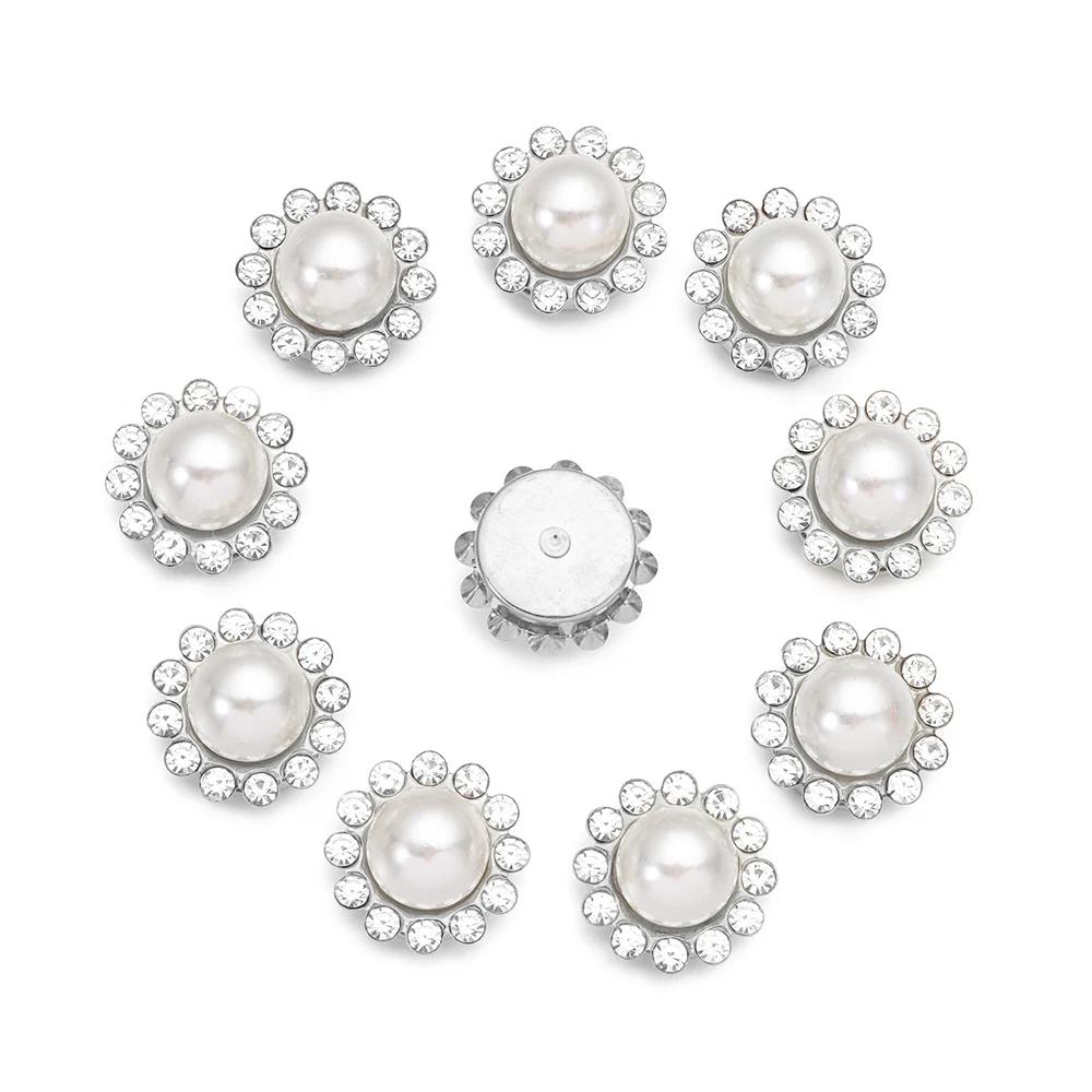10pcs Flower Rhinestones Buttons Pearl Button Diamante Crystal Bow Wedding Bride Holding Scrapbooking Accessories Apparel Sewing