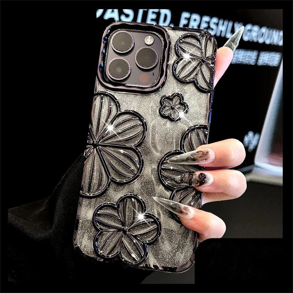 Luxury Plating Glitter Laser Flowers Gradual Soft Case For iPhone 16 Pro Max 15 14 13 12 11 Artistic Lens Protective Cover Funda