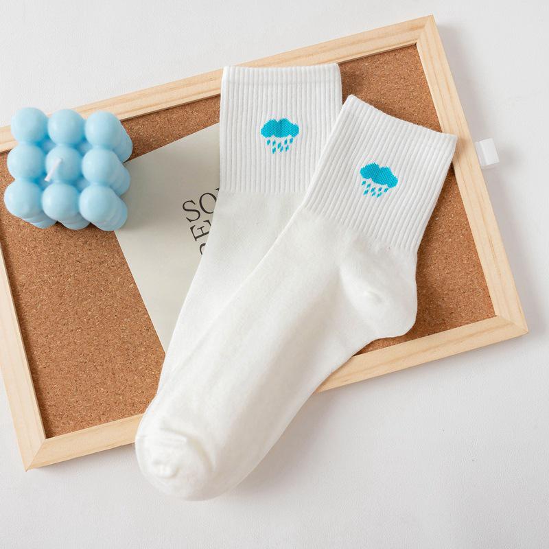 

Japanese-Style Women s Mid-Calf Rainbow Cotton Socks - Cute Korean White Series for Students & Sports One Size