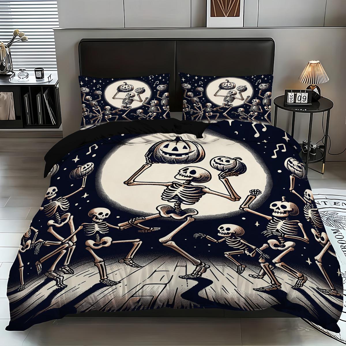 

3-piece Halloween themed skeleton and pumpkin patterned duvet cover set, 1 duvet cover+2 pillowcases, coreless 135x200cm-EU-Single&set