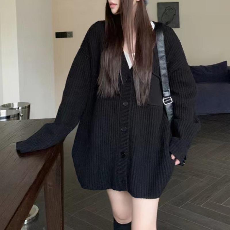 Cardigan tricotat coreean pentru femei, toamna și iarna, culoare solidă, decolteu în V, pulover din pânză cu buzunar, vrac, birou, doamnă, topuri