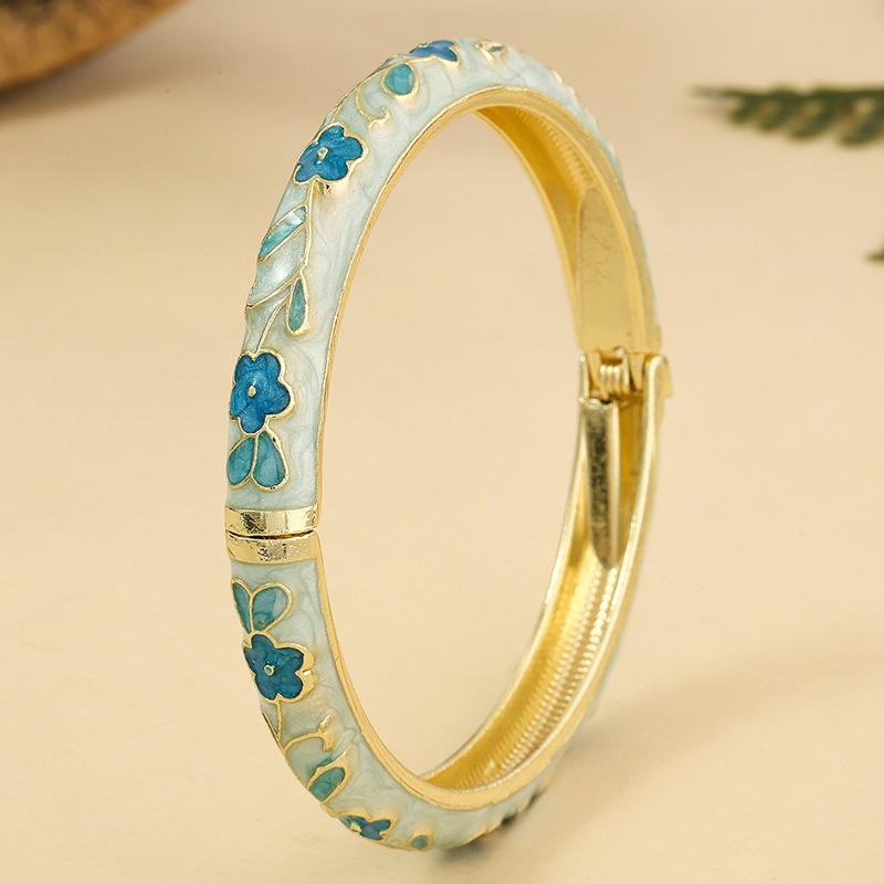 Vintage Cloisonne Enamel Bangle Gold Plated Hinged Colorful Floral Anti Tarnish Jewelry for Women Party Accessory
