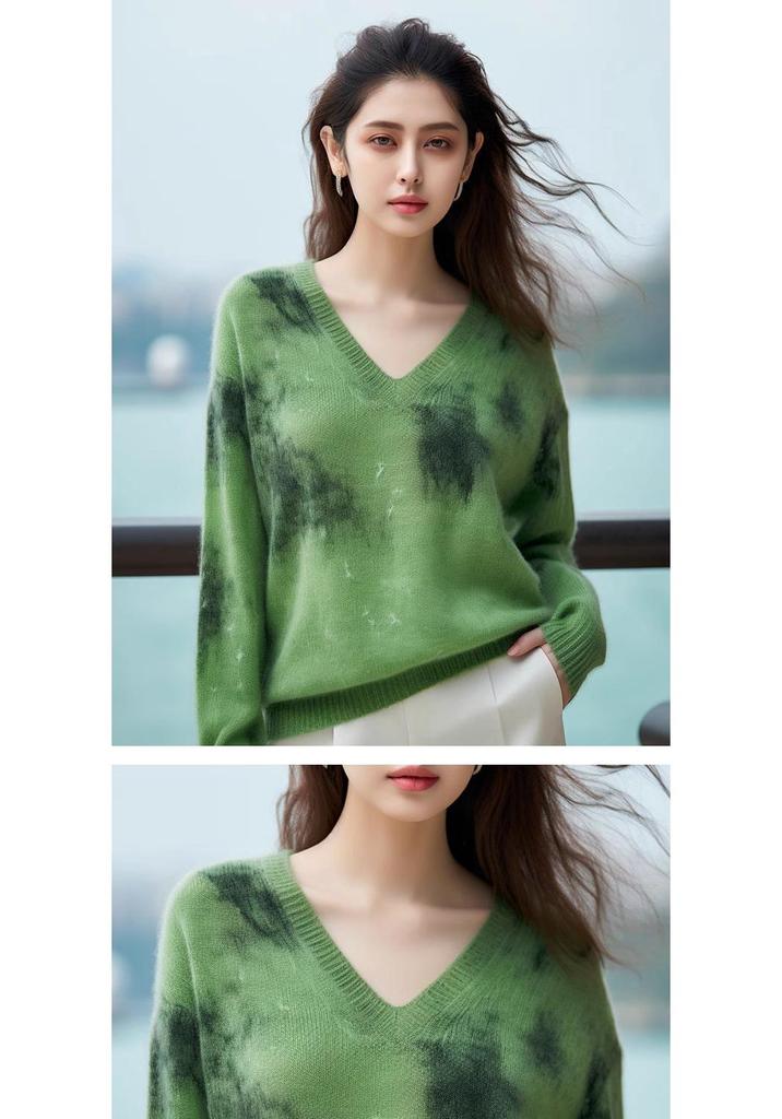Green Tie-Dye Women's Loose Knit Sweater - Stylish Autumn/Winter High-End Design