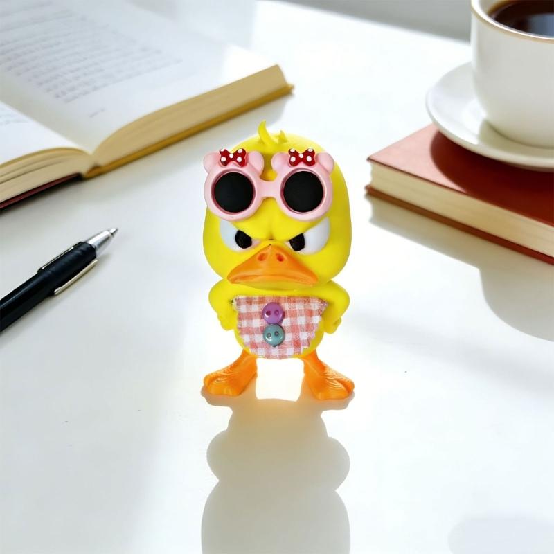Angry Duck Statues, 2-Piece 3D-Printed Animal Figurines Set Wearing Pink Bowknot Sunglasses and Gingham Aprons for Tabletop Shelf Displays
