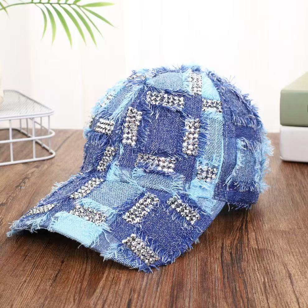 Vintage Distressed Frayed Denim Baseball Cap, Plaid Rhinestone Bling Hat, Y2K Hip Hop Streetwear For Women, Casual Sun Hat