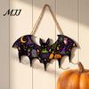 Decorative Entryway Key Hanger Halloween Bat Shaped Wooden Hook, 2D Wall Mounted Hanging Decor with Spooky Ornament Pumpkin Ghost Witch Pattern,