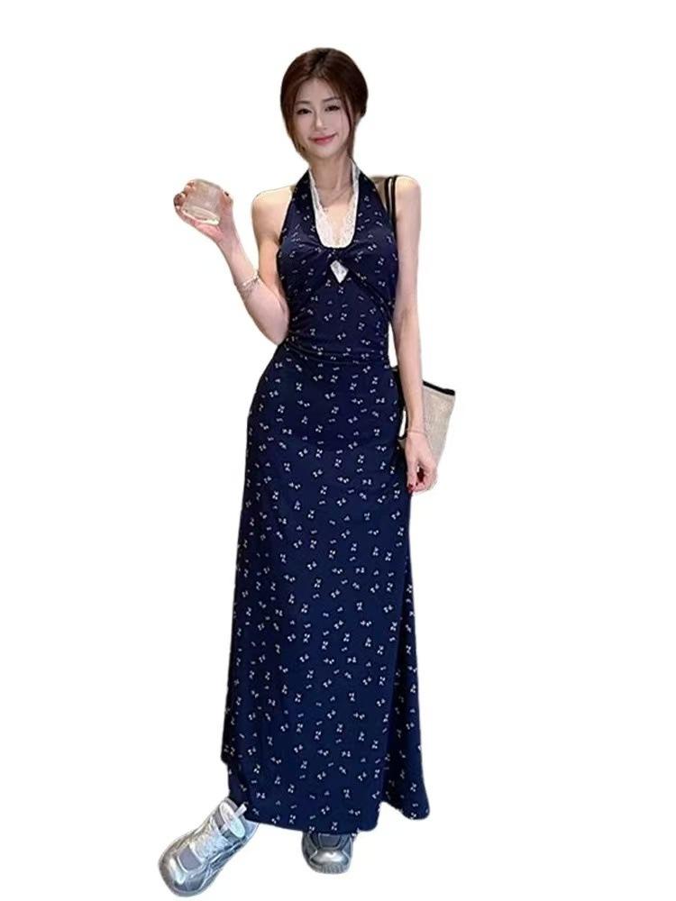 French blue neck sling hip dress children's summer 2026 new backless temperament floral dress