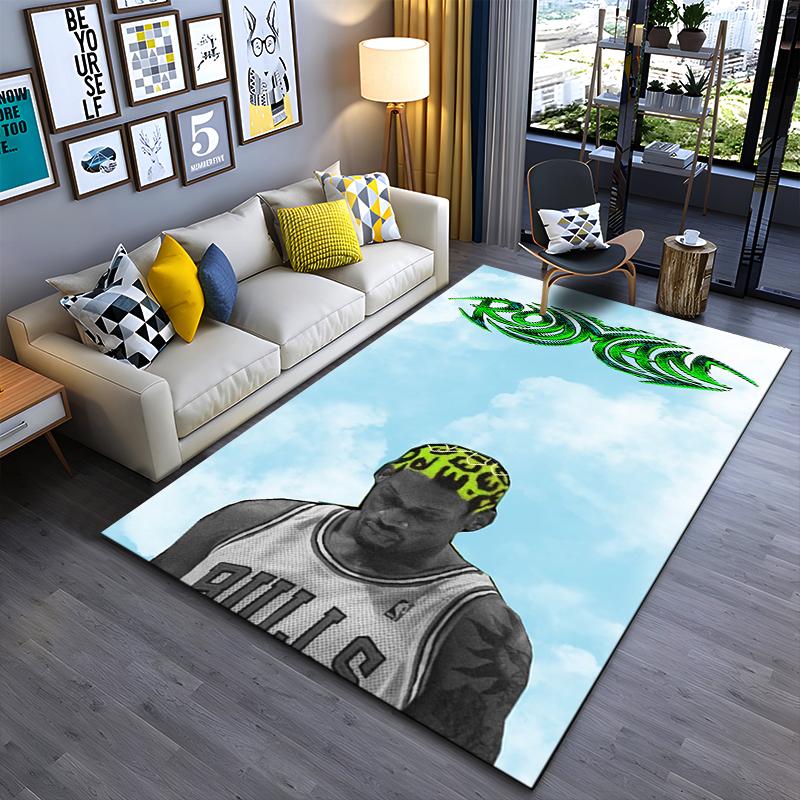 Sports Area Rug, Dennis Rodman Bulls 91 Green Tribal Typography Sky Poster, Fan Cave Decor, Non-Slip Mat